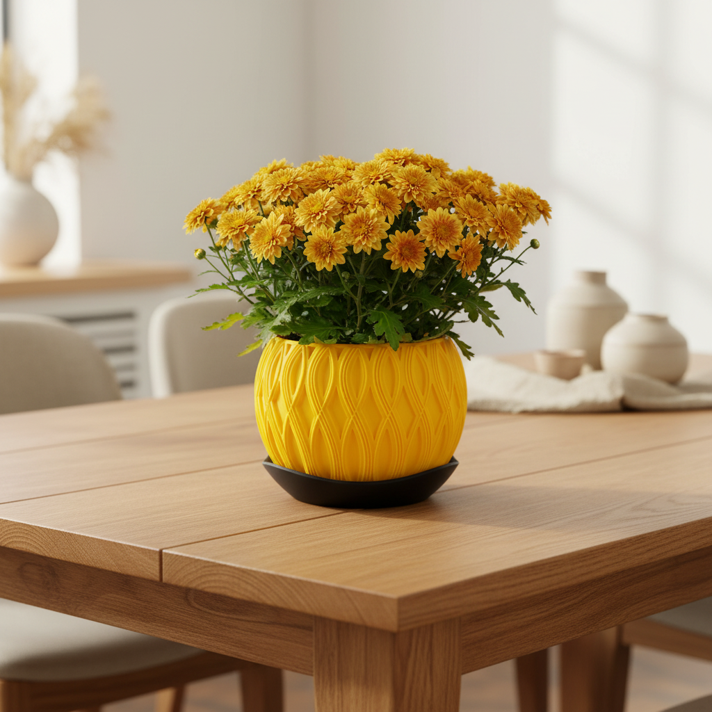 Gelber Topf – Chrysantheme Tisch
