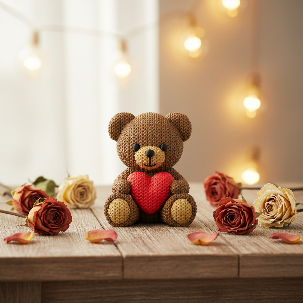 Teddy Bear Lifestyle – Holztisch mit Rosen